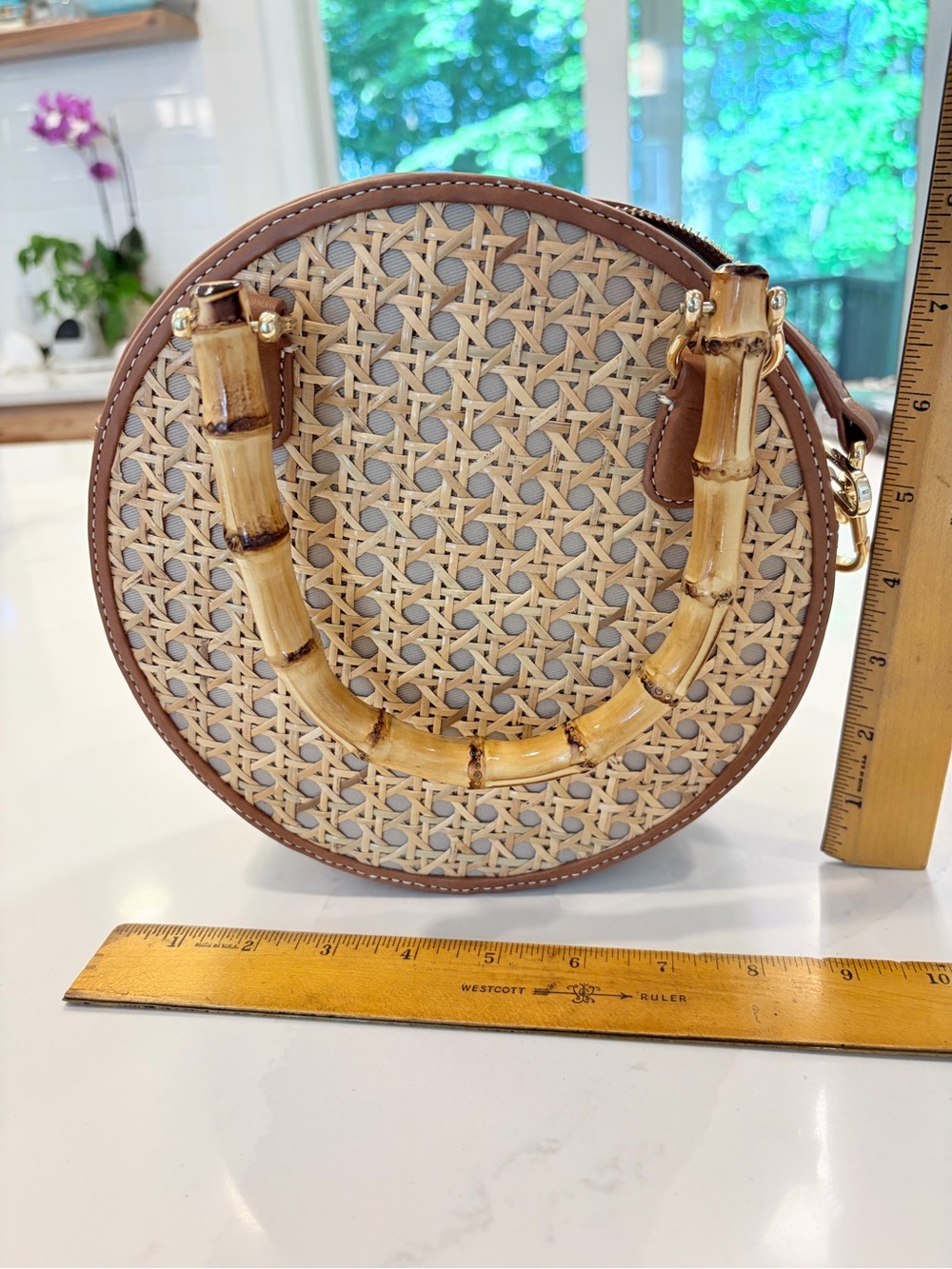 Talbots Round Woven Satchel with Bamboo Handle - Beige/Tan